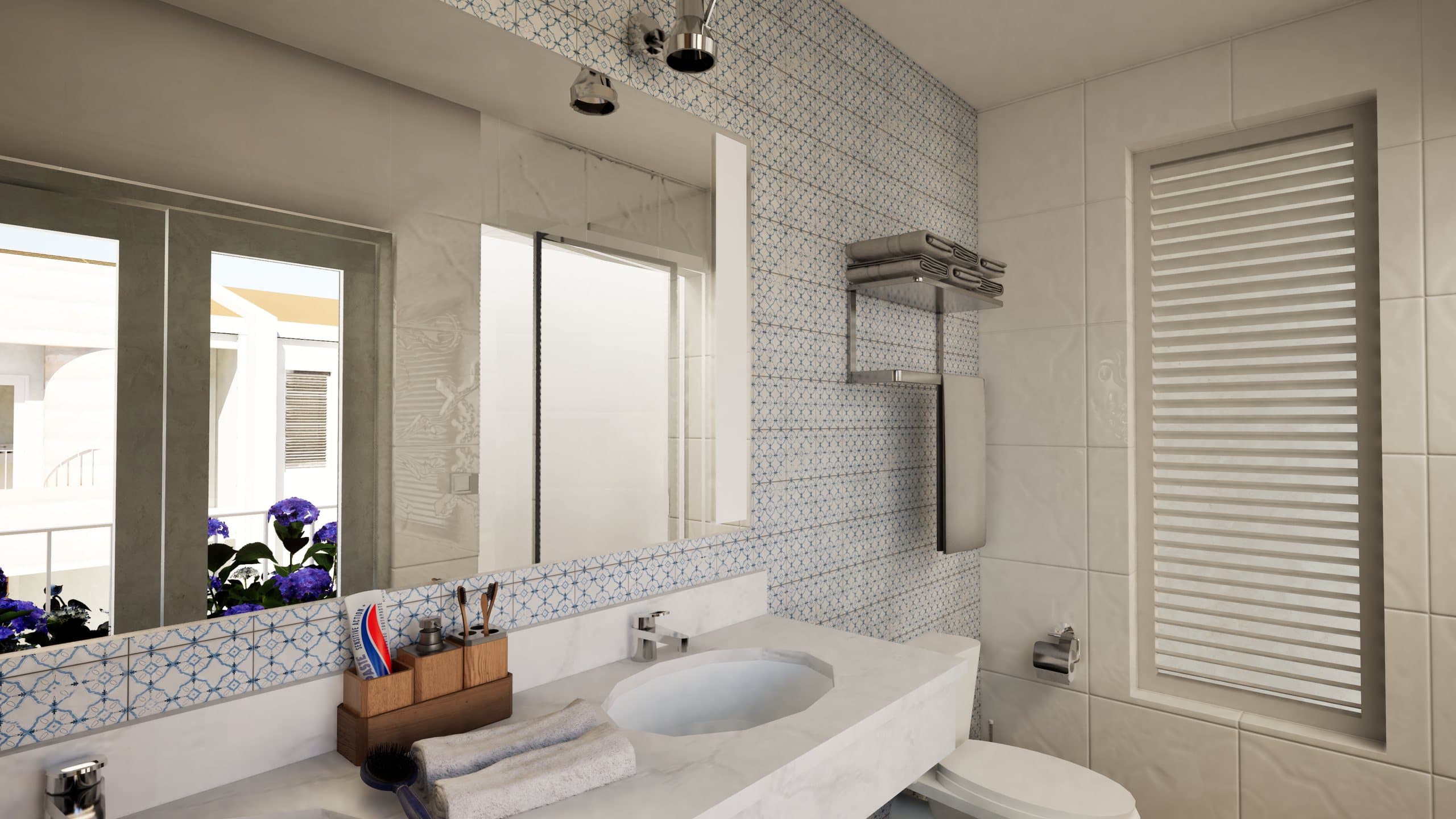 Render oficial de un baño con lavamanos doble, espejo y ventana