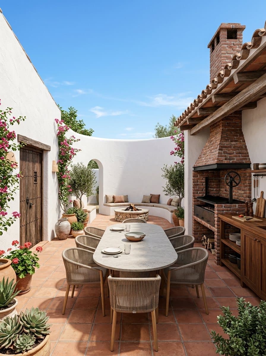 Render oficial del patio propio con parrillero de ladrillo visto, mesón de madera y mesa larga