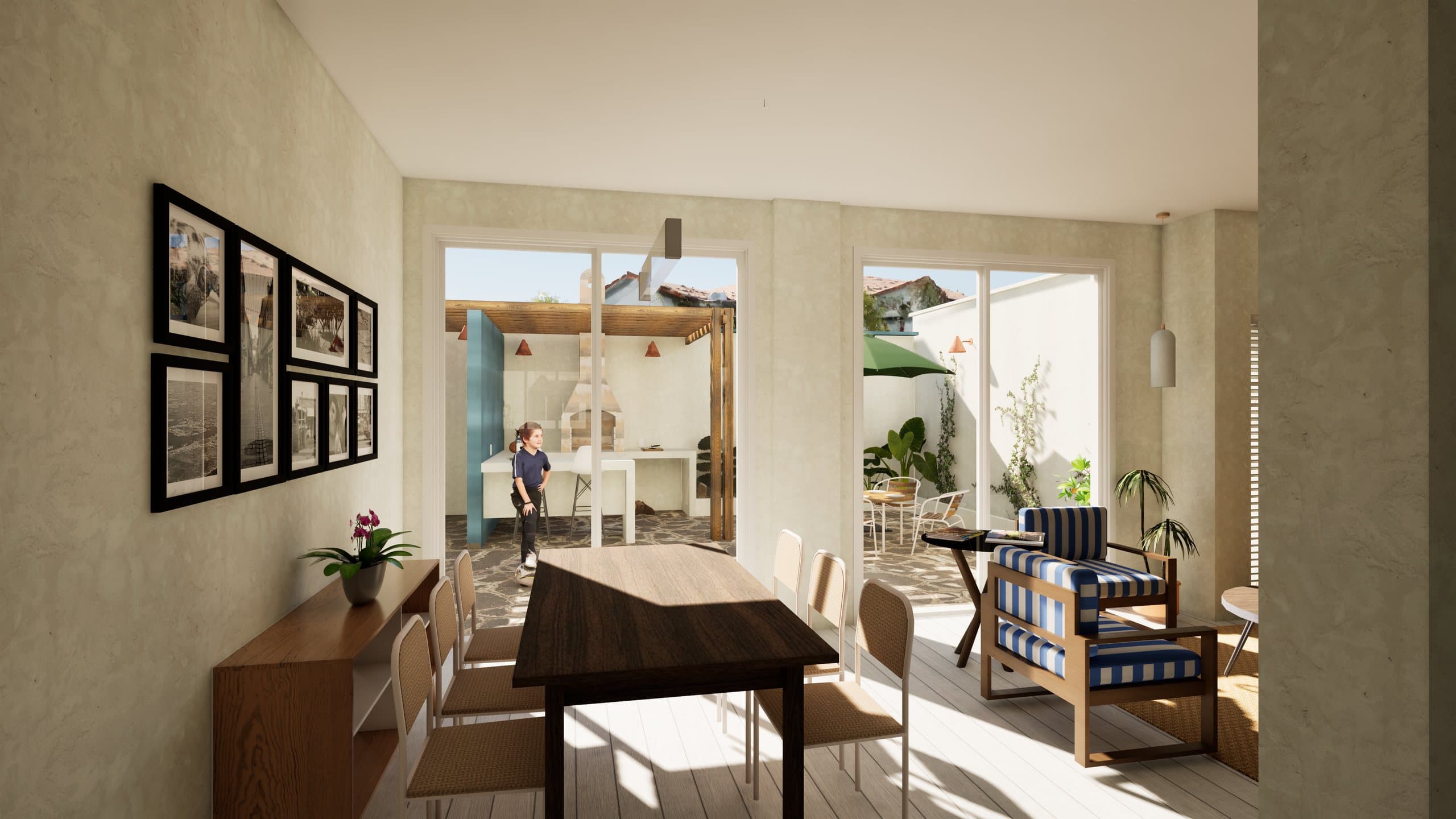 Render oficial del comedor, con la mesa frente a los ventanales del patio