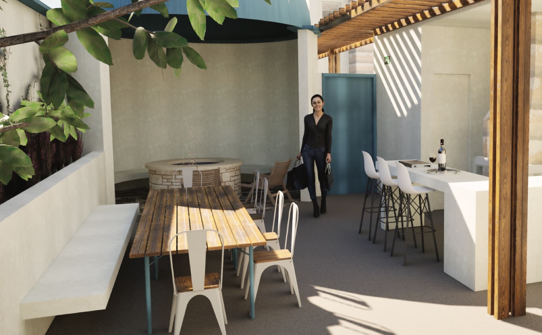 Render oficial del estar exterior con asador de fogata
