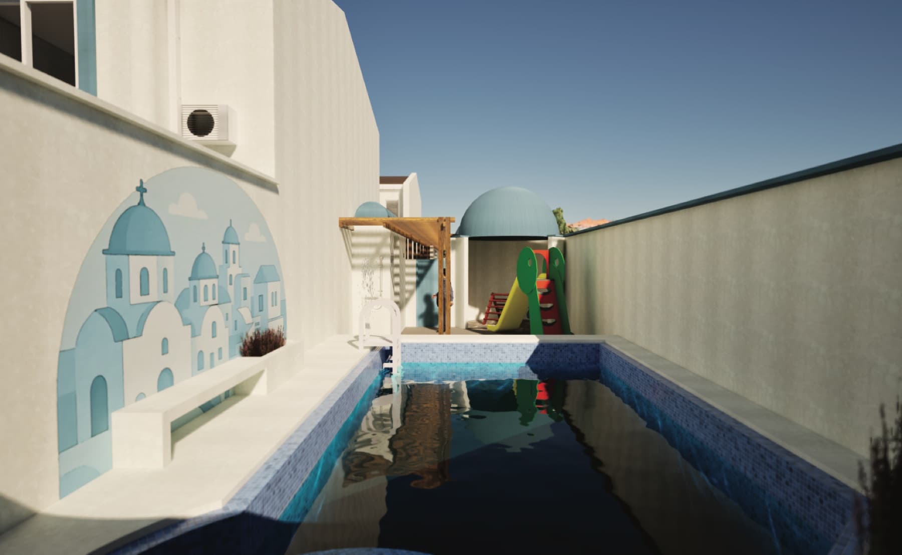 Render oficial de la piscina y el parque infantil