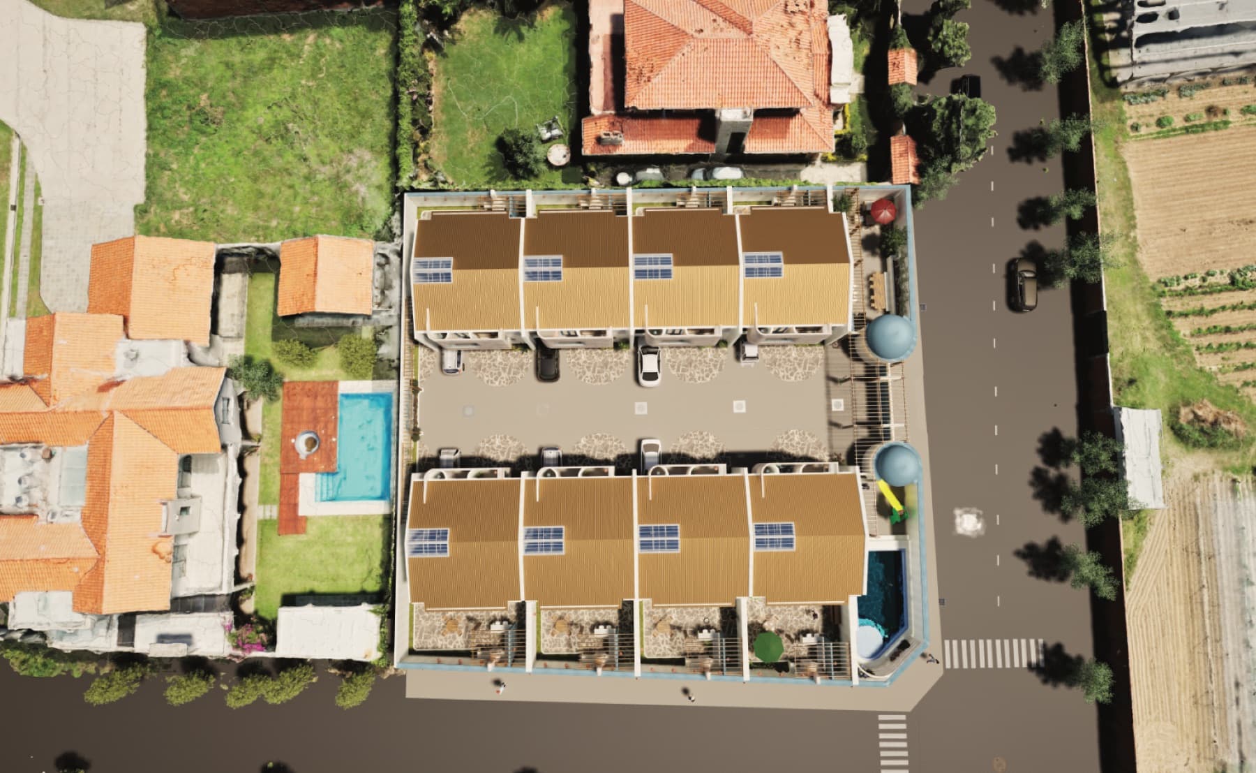 Render oficial aéreo del conjunto: dos bloques de cuatro viviendas, calle interna y área común