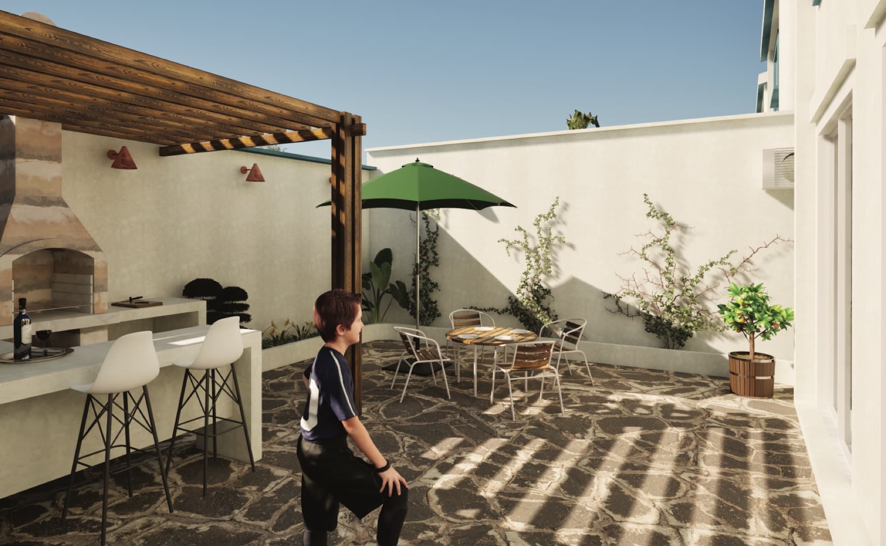 Render oficial del patio propio con parrillero