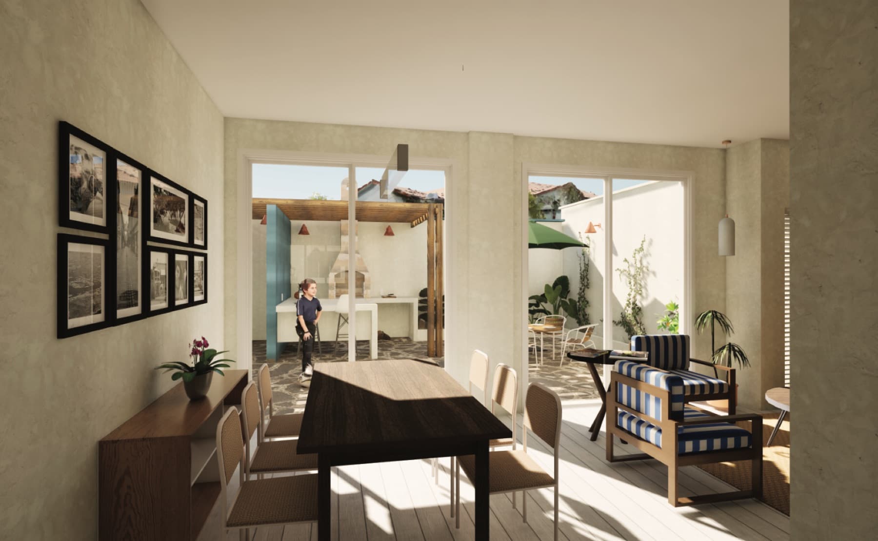 Render oficial de la sala y el comedor con salida al patio