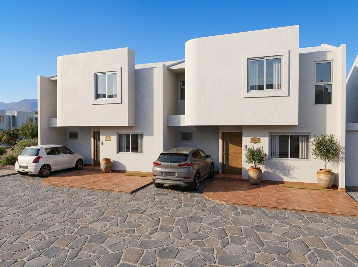 Render oficial del frente de dos viviendas de Santorini, con sus garajes sobre la calle interna