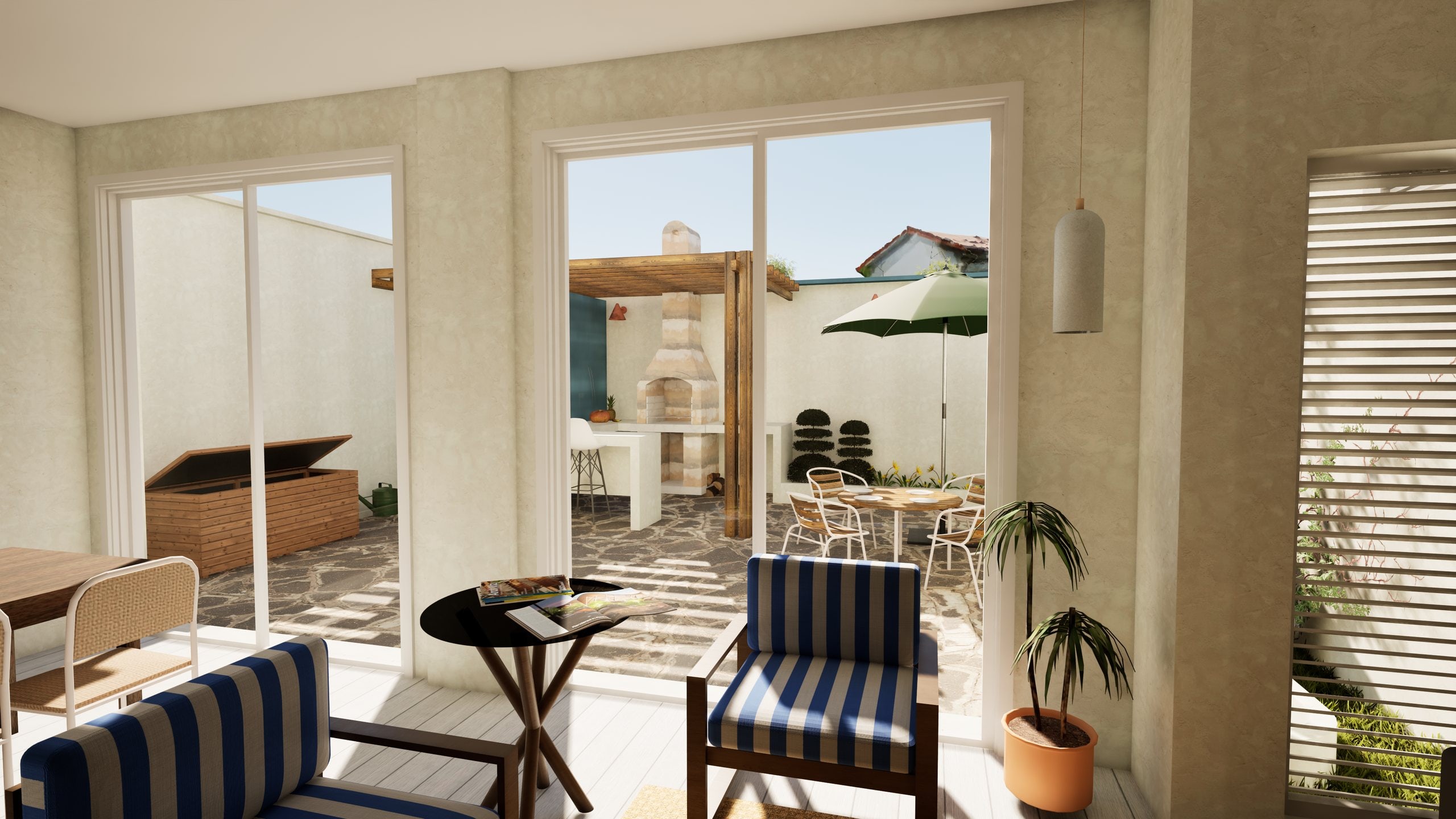 Render oficial de la sala con dos ventanales de piso a techo que dan al patio
